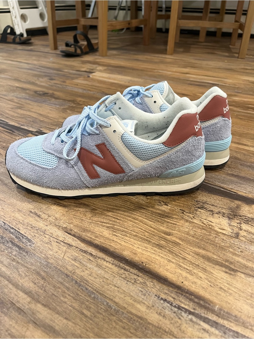 New Balance Men’s Light Blue Suede & Mesh Sneakers with Rust Logo